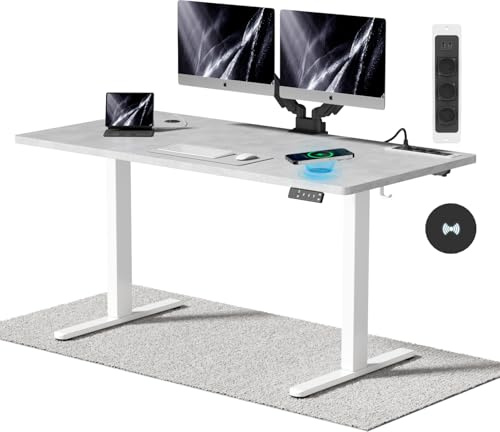 Airfish Höhenverstellbarer Schreibtisch mit Kabelloser Ladestation und Steckdose mit USB 140 x 70cm Computertisch Elektrisch Stehtisch mit 3-Funktions-Memory und Funktion zur Ermüdungs-Erinnerung