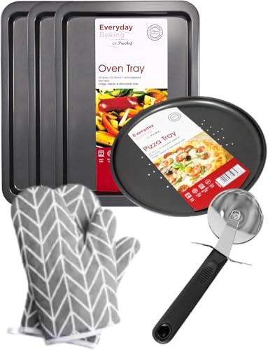 Pro Chef - Juego de 3 bandejas antiadherentes para pizza, guantes de horno y cortador de pizza | Bandejas adecuadas para hornear | Bandejas medianas y bandeja de pizza de 32 cm