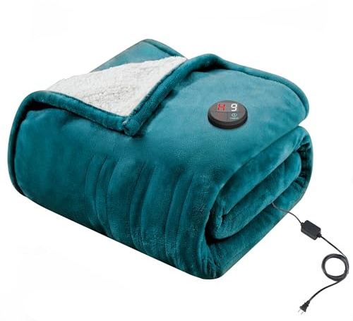 GOTCOZY Ein-Knopf-Heizdecke 130x180cm mit Abschaltautomatik Blau | 10 Heizstufen,9 Stunden Timer,Wärmedecke Elektrisch,Weicher Flanell Kuscheldecke für Bett&Büro Waschbar