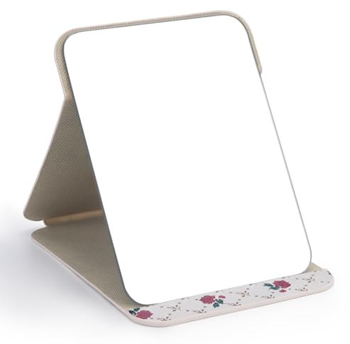 OWLKELA Tragbarer Klappspiegel, 20 x 15 cm, super HD, kompakter Make-up-Spiegel, Blumenmuster, PU-Leder, Tischplatte, faltbarer Spiegel, freistehender Kosmetikspiegel für Reisen, Camping, Badezimmer