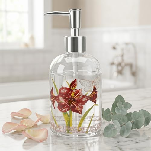 DUSVALLY 500ml Glass Soap Dispenser with Pump, Red Amaryllis and Butterfly | Refillable hand wash dispenser and lotion bottle for bathroom or kitchen; suitable for liquid soap and washing up liquid