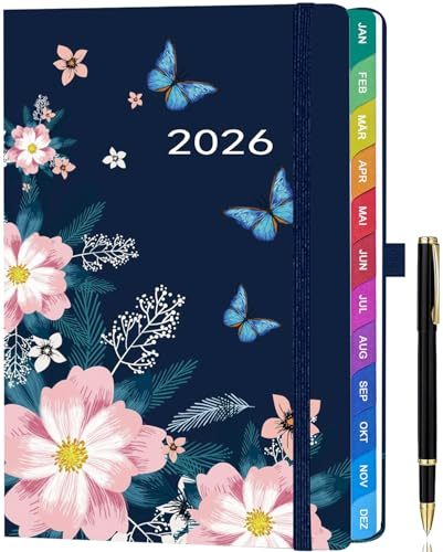 Kalender 2026 A5 Deutsch – Wochenplaner & Terminplaner mit Monatsübersicht, Januar bis Dezember 2026, mit bunten Monatsregistern, farbenfrohen Innenseiten, Innentasche & Stift - Blau