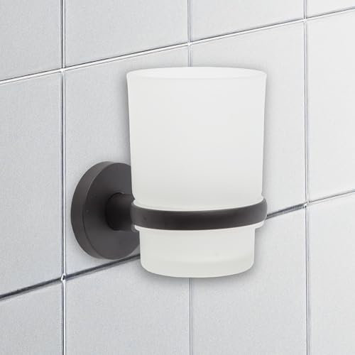 IPEA Porta Spazzolino Adesivo da Parete con Bicchiere - Non Necessita Foratura - Design Moderno - Elegante Porta Spazzolini e Dentifricio da Muro da Incollare in Bagno, Doccia, Casa - Supporto Nero