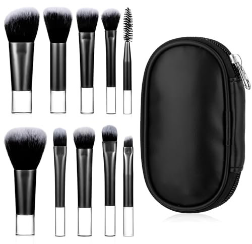 10 PCS Makeup Brush Set, Mini Travel Size Cosmetic Brushes Kit with Case, Full Function Foundation Eyebrow Blending Concealer Blush Eyeshadow Contour Powder Brush