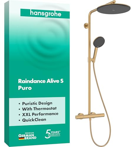 hansgrohe Raindance Alive S Puro - Duschsystem mit Thermostat, Regendusche (300 mm) mit Armatur, Handbrause (3 Strahlarten), Schlauch, Brausestange und runder Kopfbrause, Brushed Bronze, 24592140