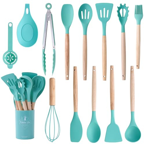 14-Piece Silicone Cooking Utensils Set - Heat Resistant up to 446°F, Turner, Tongs, Spatula, Spoon, Brush, Whisk, Wooden Handles Kitchen Gadgets and Tools for Nonstick Cookware (Green)