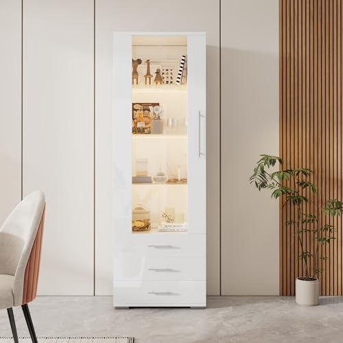 boorbin Hochglanzvitrine, Vitrine Glasvitrine, Standvitrine mit LED-Beleuchtung, Vertikale Vitrine (60x35x180cm) (Weiß)