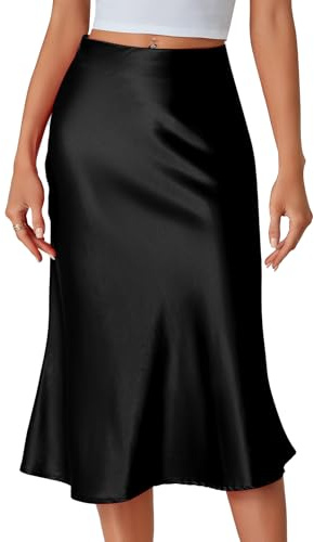 LYANER Women's Satin Silky Midi Skirt Elastic High Waist Zipper A Line Business Casual Skirts Black X-Large