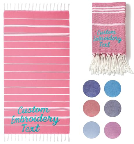 CHARMMYFASHION Hamamtuch Strandtuch Personalisiert mit Stickerei, 95x180cm, 100% Baumwolle,Personalisiertes Türkisches Strandtuch mit Name Badetuch, für Strand, Sauna, Yoga, Fitness (Rosa)