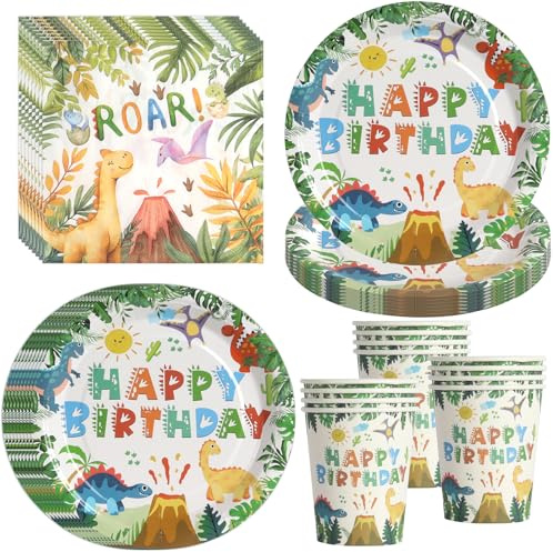 PYAILI Juego 52 piezas vajilla fiesta motivo dinosaurios | Vajilla con dinosaurios platos, vasos servilletas para 16 invitados, ideal para cumpleaños infantiles, reuniones y encuentros
