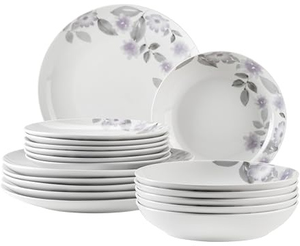 MÄSER 934136 Serie Sono, Teller Set für 6 Personen, 18-teiliges Geschirrset mit Speiseteller, Suppenteller, Dessertteller; floraler Druck, modernes Blumenmuster, Porzellan, weiß