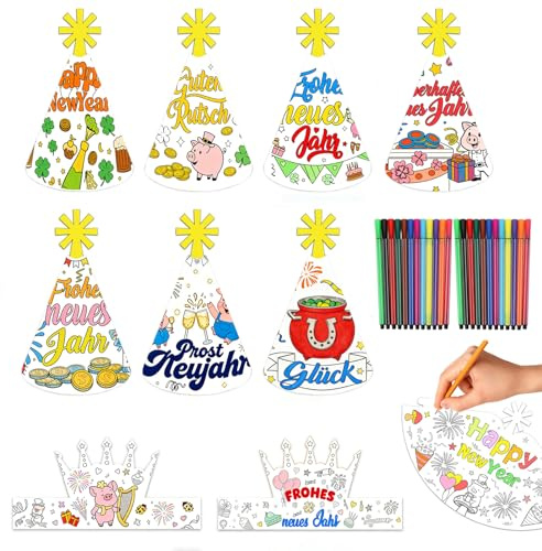 Qnvyw Silvester Kinder, Glücksbringer Silvester, 9 Verschiedene Hüte Mit 12 Stiften, Happy New Year Partyhütchen Für Kuscheltiere, 31 X 22 Cm