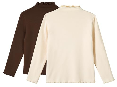Miipat Camiseta de Manga Larga para Niña con Cuello Alto Pack de 2, Básica y Suave Camisas Interior Térmicas Slim Fit Tops Informal Blusas(Marrón Beige, 2-3 Años)