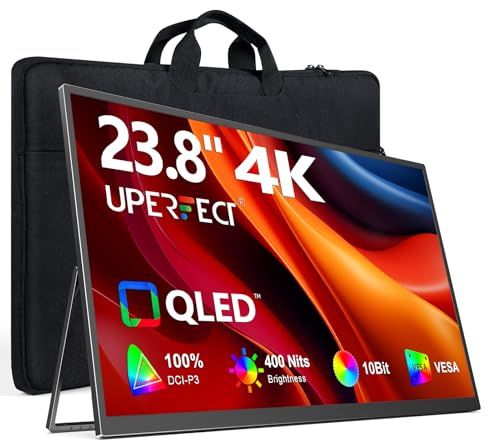 UPERFECT Portable Monitor 4K 23.8 QLED| 400 Nits 24 Large Screen | 3840 * 2160 UHD 100% DCI-P3 | 1MS FreeSync | USB-C | VESA & Kickstand | Second Display for Laptop, Mini PC, Game Consoles