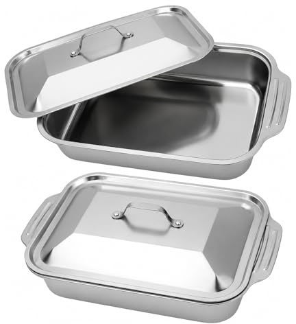 YQGQSUAK 2 Pack Stainless Steel Lasagne Pans with Lids, Deep Roasting Tins