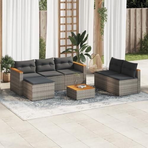 Frdhee Muebles de terraza para exteriores, 5 piezas, juego de sofás de jardín con cojines gris polirratán acacia, grupo de banco de esquina para balcón, patio y terraza