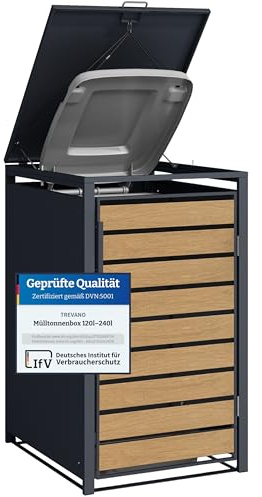 TREVANO Mülltonnenbox 1er 240l - Mülltonnenverkleidung 1 Tonne Holz Optik - Robustes Mülltonnenhaus aus Stahl - Wetterbeständige Müllboxen für 1 Tonne - Mülltonnen Unterstand 120l-240l