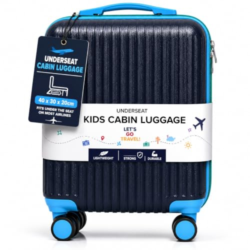 Kids Underseat Cabin Suitcase 40 x 30 x 20cm Hard Shell Cabin Luggage with 4 Spinner Wheels, Lightweight Carry On Travel Case, Airline Compatible Underseat Travel Suitcase (Midnight Blue & Sky Blue)