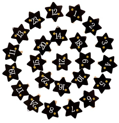 SUNBEAUTY Adventskalenderzahlen Holz Klammern 2025 mit 1 bis 24 Nummer Klammern aus Holz Motiv Schwarze Sterne Holzklammern Adventskalender Partydeko (Schwarz & Gold)