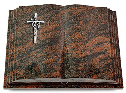 MEMORUM Grabmale Grabbuch, Grabplatte, Grabstein, Grabkissen, Urnengrabstein, Liegegrabstein Modell Livre Pagina 40 x 30 x 8-9 cm Aruba-Granit, poliert inkl. Gravur (Aluminium-Ornament Kreuz/Ähren)