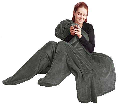 CelinaTex Flauschige Kuscheldecke mit Füßen Socken 150 x 180 cm grau Sockendecke Fußwärmer Mikrofaser Fleece Oeko-TEX Footy