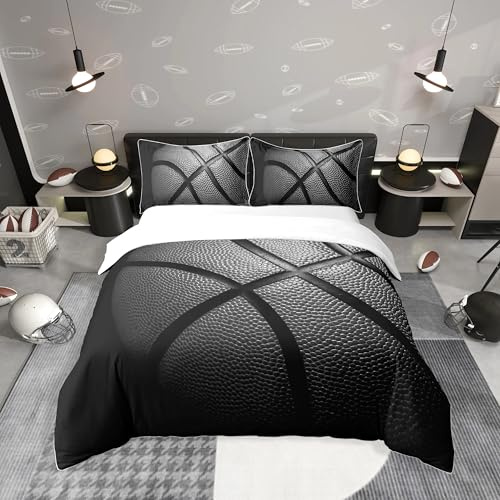 Loussiesd Schwarz Basketball Bettbezug Set Jungs Kinder Sportthema Bettwäsche Set 155x220 cm 3D Basketball Muster Betten Set mit Reißverschluss Sanft Mikrofaser