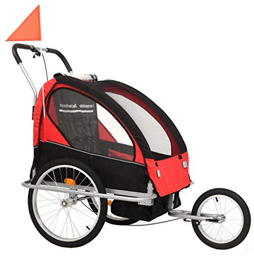 Remolque de bicicleta para niños y cochecito, 2 en 1, remolque para animales domésticos, plegable, con freno de mano, ruedas con reflectantes, ventanas laterales transparentes, negro y rojo