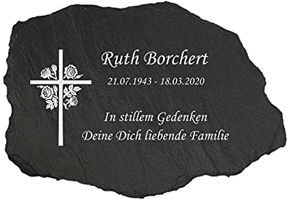 Schieferei® Gedenktafel Schiefer – personalisierte Grabtafel/Grabplatte mit Gravur Kreuz mit Rosen – handgefertigte Natur-Schiefertafel wetterfest – 16x22 cm