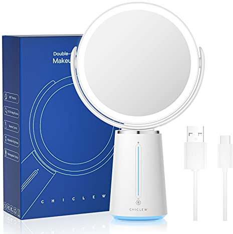 CHICLEW Makeup Mirror With Light, Illuminated Magnifying 10X / 1X, Double Sided LED Vanity 360° Rotation, USB Rechargeable Light Up Table With Smart Touch Activated Slider