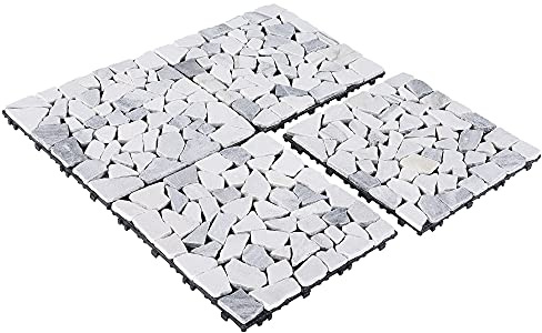 PURE ERA Natural Real Stone Interlocking Floor Deck Tiles Indoor Outdoor Use 12x12 (4Pcs, 4 sq. Ft, Sliced Grey and White)- Great Upgrade to Patio Backyard Pathway