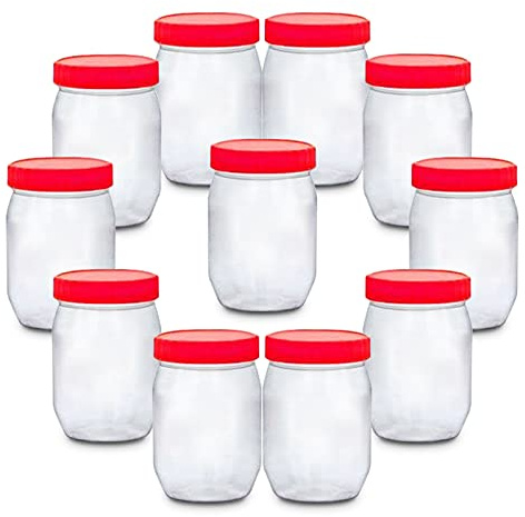 AFSUK Pack of 12 Round 300ml Plastic Storage Jar With Screw Top Lids Red Airtight Food Storage Containers BPA Free For Kitchen, Herb, Spices, Sweets Clear Canister pots