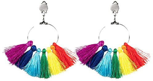 Boland 44742 - Regenbogen-Ohrringe mit Quasten, Ohr-Clips, Mode-Schmuck, Accessoire, Kostüm, Karneval, Mottoparty
