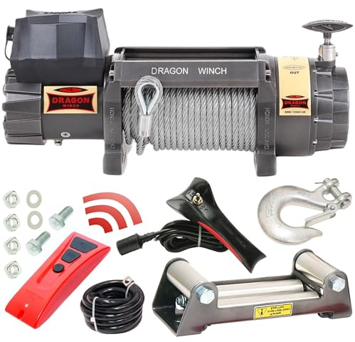 Dragon Winch Cabrestante eléctrico Highlander 12000 lbs (5443 kg) 12V con Cuerda de acero 28m para Todoterreno y SUV | Resistente al agua + control remoto inalámbrico y accesorios para Cabestrante