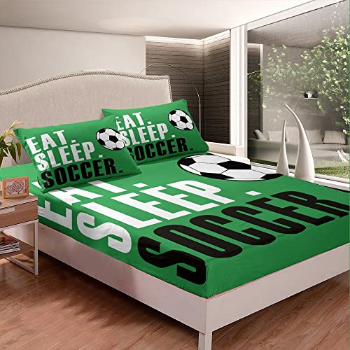 Football Bedding Set Soccer Ball Sports Fitted Sheet for Boys Girls Women Men Green Eat Sleep Football Bed Sheet Set Ball Games Room Decor Twin Size Bed Cover 2Pcs