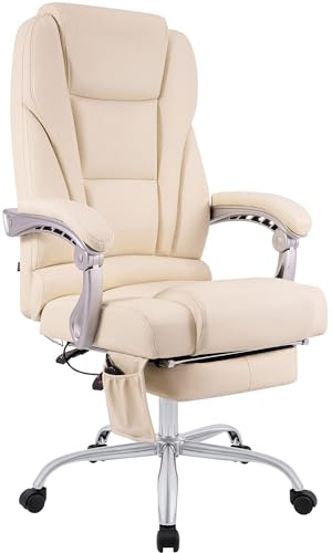 CLP Bürostuhl ergonomisch Pacific mit Echtleder-Akzenten und Massagefunktion, höhenverstellbarer Drehstuhl mit Armlehnen, 150kg belastbar Farbe Creme