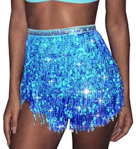 Ushiny Sparkle Silvester Paillette Fringe Weihnachten Mini Röcke Sparkly Tassel Rave Kostüm Festvial Shorts für Damen