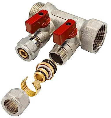 Belrad Heizkreisverteiler, 2 Abgänge, 1 AG - 1 IG, rot, 95x85x50 mm | Kugelhahn, 3/4 16 mm Eurokonus x2, Abgangsmittenabstand 35 mm, Vernickeltes Messing, Einzelabsperrung
