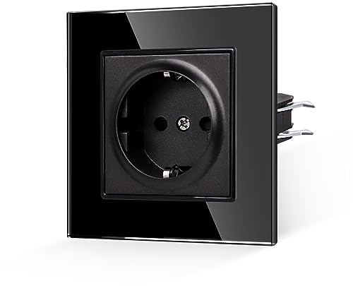 JIMEIDA Steckdose, Glas schwarz, 16A, 86x86mm | Steckdose, 16A, Glas Panel, Kindersicherung, Feuerfest, Unterputz, 86x86mm, schwarz