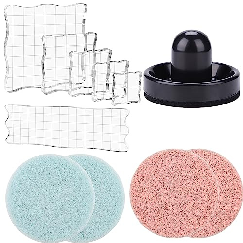 OTCRAFT 11Pcs/Set 6 Acrylic Blocks Clear Stamp Block with Grid with 1 Pressing Stamping Tool 4 Stamp Scrubber Set Stamping Tools for Scrapbooking Crafts Card Making, Assorted Sizes Tool Set