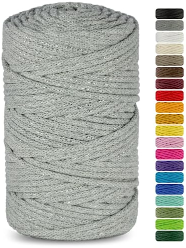 Netuno 1x Flechtkordel 3mm Grau mit silbernem Metallfaden 100m zum Häkeln | Baumwollschnur mit Naturkern · weich & hautfreundlich – für Teppiche, Körbe, Puffs & Handtaschen