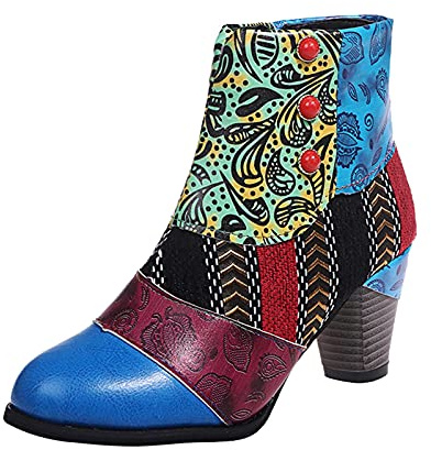 BIISDOST Botines Retro Para Mujer Con Tacón, Estilo Étnico, Tobillo y Media Caña, Tacón Cuadrado y Grueso, Vaquero, Invierno, Azul, 37 EU