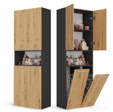 CDF Badezimmerschrank Bad Schrank Mit Wäschekorb Eiche Artisan/Anthrazit | Badschrank Mehrzweckschrank Badregal Stehend Offen Regale Tür Hochschrank Bodenschrank Allzweckschrank 2 Wäschekorb 174x60x30