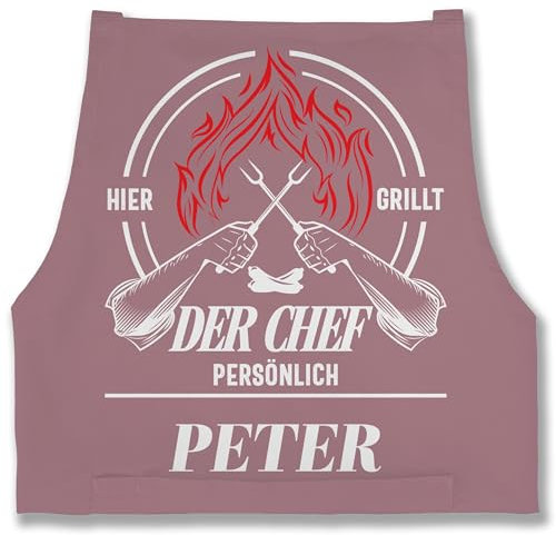 Schürze - Grillschürze Herren Männer - Hier grillt der Chef persönlich mit Namen - Grillzubehör Chef Geschenk Vatertag Papa - 85x69 - Rosa - geschenke grillen personalisierte schürzen