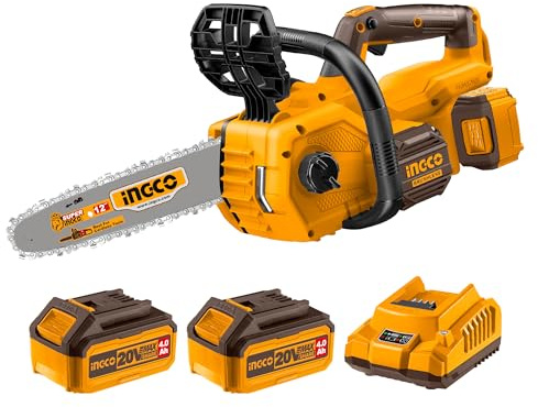 INGCO Cordless Chain Saw 12Inch Brushless Motor 7.9m/s Chain Speed 44 Drive Links with 2Pcs 4.0Ah Battery and 1Pcs Charger for Cutting Trees and Wood CGSLI201286