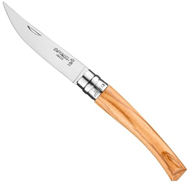 Opinel - N°08 Couteau de Poche Effilé - Lame Finition Poliglace 8 cm Inox, Manche Olivier, Usage Quotidien, Bague de Sécurité Virobloc - Fabrication Française