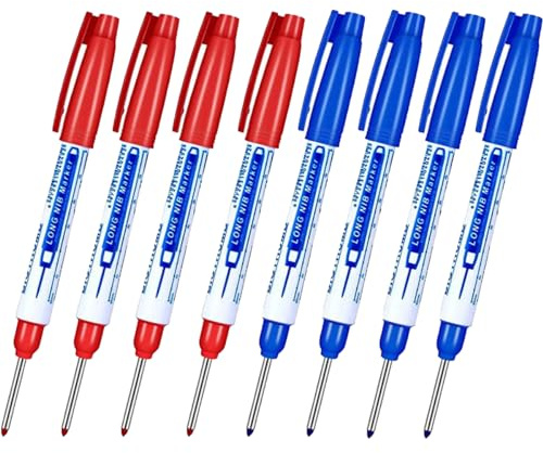 8 marqueurs de trou profond étanches à tête longue, pointe fine de 30 mm, outil de marquage de portée pour menuiserie, construction, fabrication (bleu + rouge)