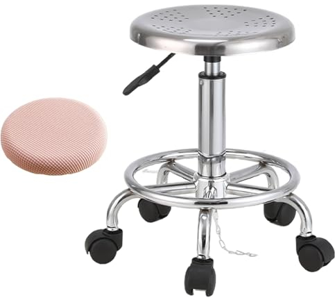 Robuster Rollhocker aus Edelstahl mit kostenlosem Sitzkissen und Rädern, drehbarer, höhenverstellbarer Zeichenstuhl für Bar, Labor, Büro, Friseur, Küche und Geschäft (B)