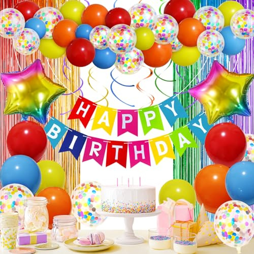 Colorful Birthday Decorations - Party Supplies with Rainbow Banner, Confetti, Fringe Curtain, Heart Star Foil Balloons, Hanging Swirls