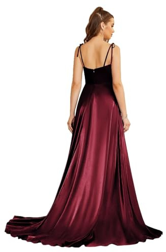 Misshow Robe de Cocktail Longue Formelle avec Bretelles Robe de Soirée Chic pour Mariage Elégante Fendue en Satin Bordeaux S