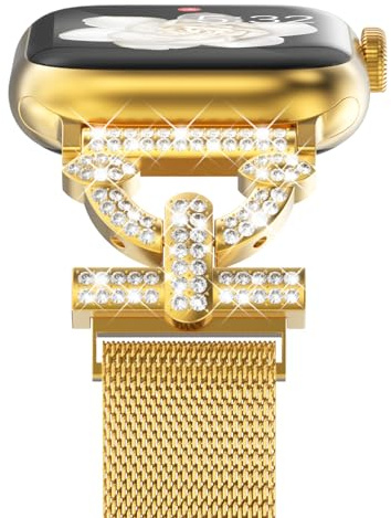 Fullife Milanese Bling Strap for Apple Watch 46mm 45mm 44mm 42mm,Gold | Women Magnetic Metal Band Compatible with iWatch SE Series 11/10/9/8/7/6/5/4/3/2/1